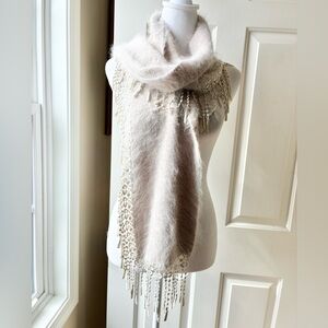 Venesha Angora Blend Scarf with Edge Fringe Cream NWOT